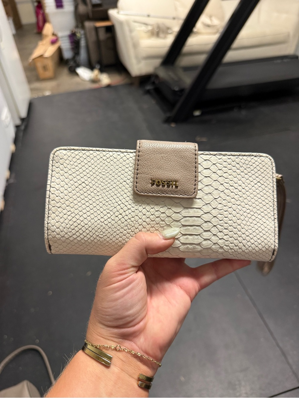 Fossil Cream Snake-Embossed Wallet with Taupe Snap Tab